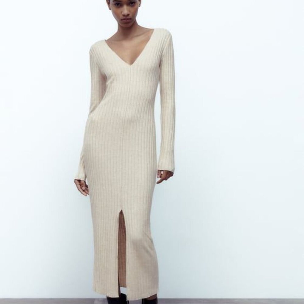 Zara Ribbed Knit Midi Dress SMALL Long Sleeve V-Neck Bodycon Soft Cream NWOT